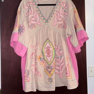 Pink and Beige Embroidered Women's Tunic